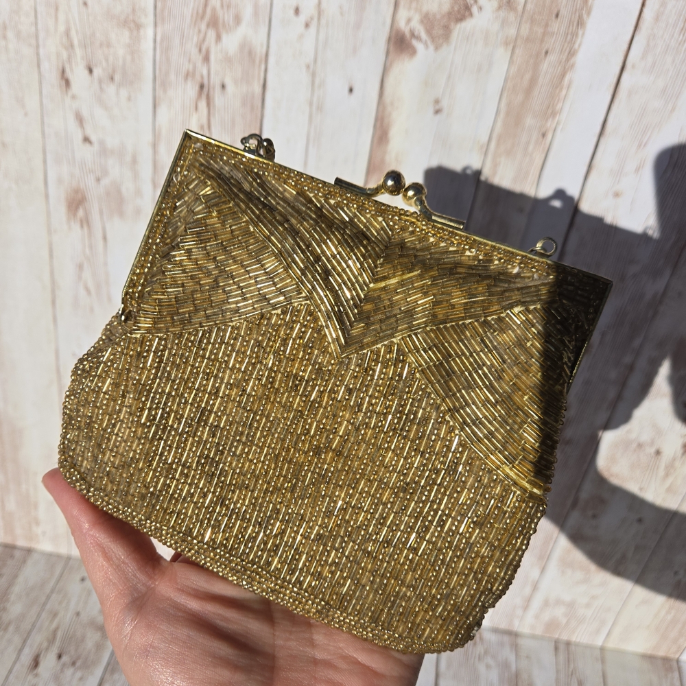 Vintage Gold Amber Beaded Evening Bag Clutch w/ Chain Strap Prom Wedding - Picture 7 of 12